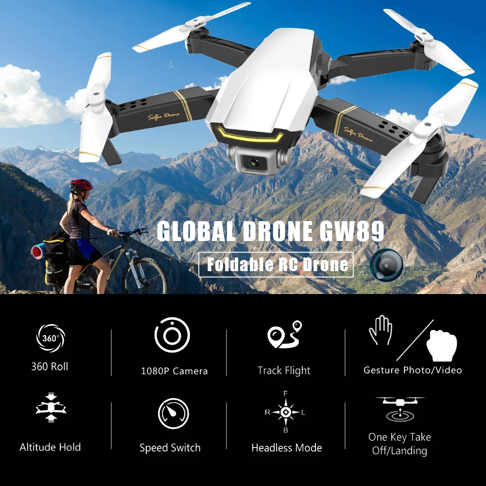 Мини Дрон GLOBAL Drone GW89 Радиоуправляемый с камерой 1080P Wifi FPV Gesture Фото Видео складной
