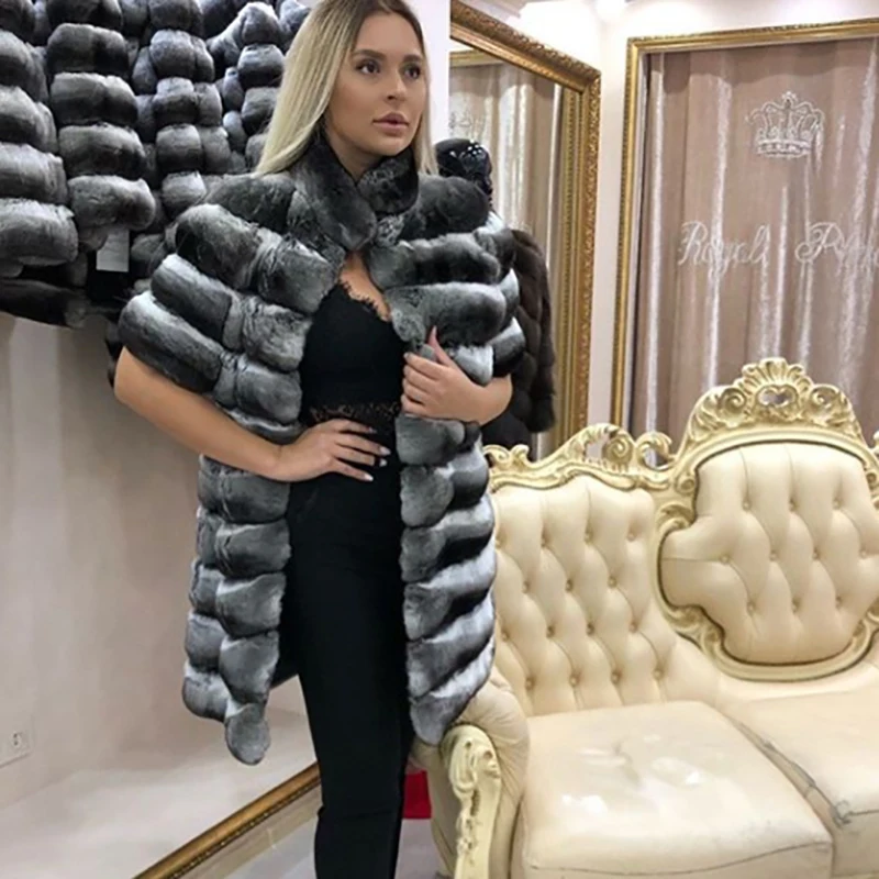 Длинный размер Настоящий мех кролика Шиншилла Шуба/серая одежда с полосками с короткими рукавами размера плюс шуба женская шуба куртка
