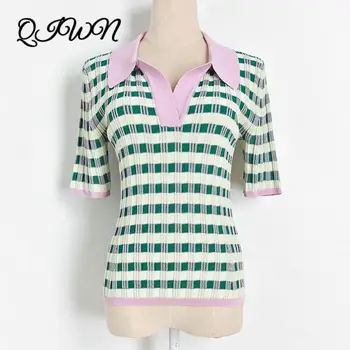

High Quality 2020 Summer New Green Striped Half-open V-neck Sexy Elegant Short-sleeved Knit Top Designer Slim T-shirt Clothing