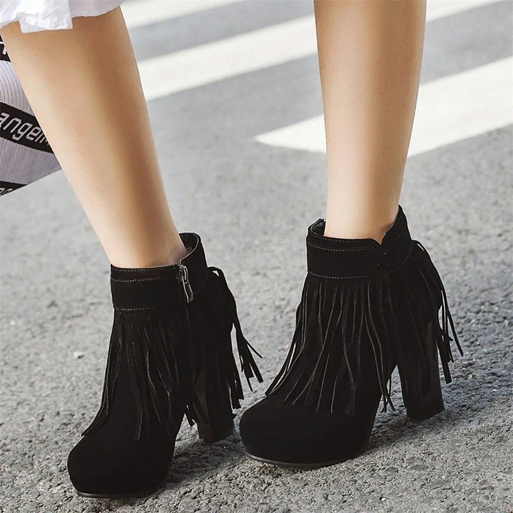 

2019 Boots Women Leather Shoes For Winter Boots Tassel Boots Side Zip Round Toe Platform High Heel Ankle Bare Booties #823