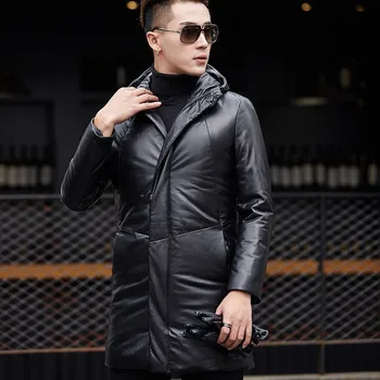 

Winter Mens Motorcycle Biker Long Down Jacket Warm Zipper Hoody Windbreaker Trench Slim Fit Business Genuine Leather Overcoats