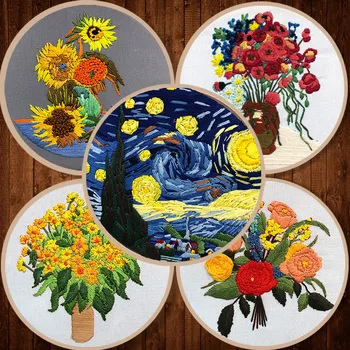 

Oil Painting Style Sunflower Needlework Embroidery Kits for Beginner With Embroidery Hoop DIY Cross-stitch Craft HandCraft Decor