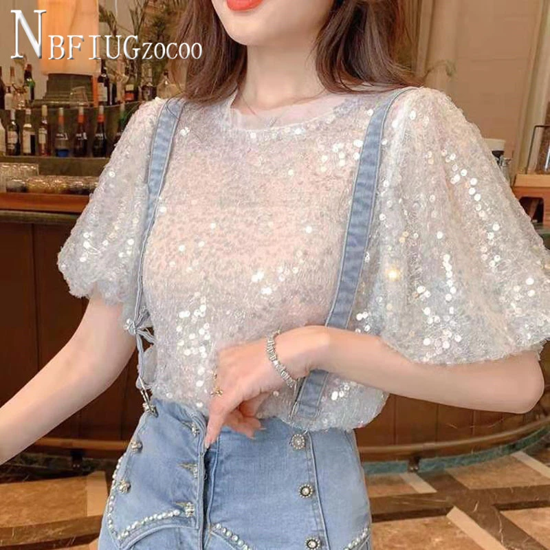 2021 Summer New Korean Chic Women T Shirt Sequin Loose Puff Sleeve Female Tee Tops black t shirt