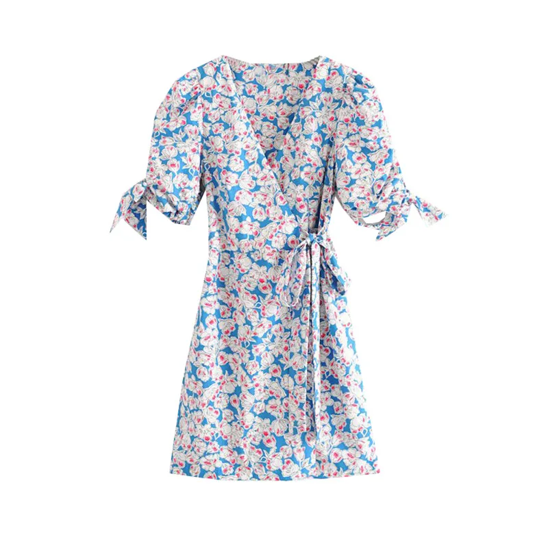 

French Non-mainstream Design Fashion Slimming Printed Fairy Short Skirt Summer Short-sleeved Knot V-neck Dress Women's