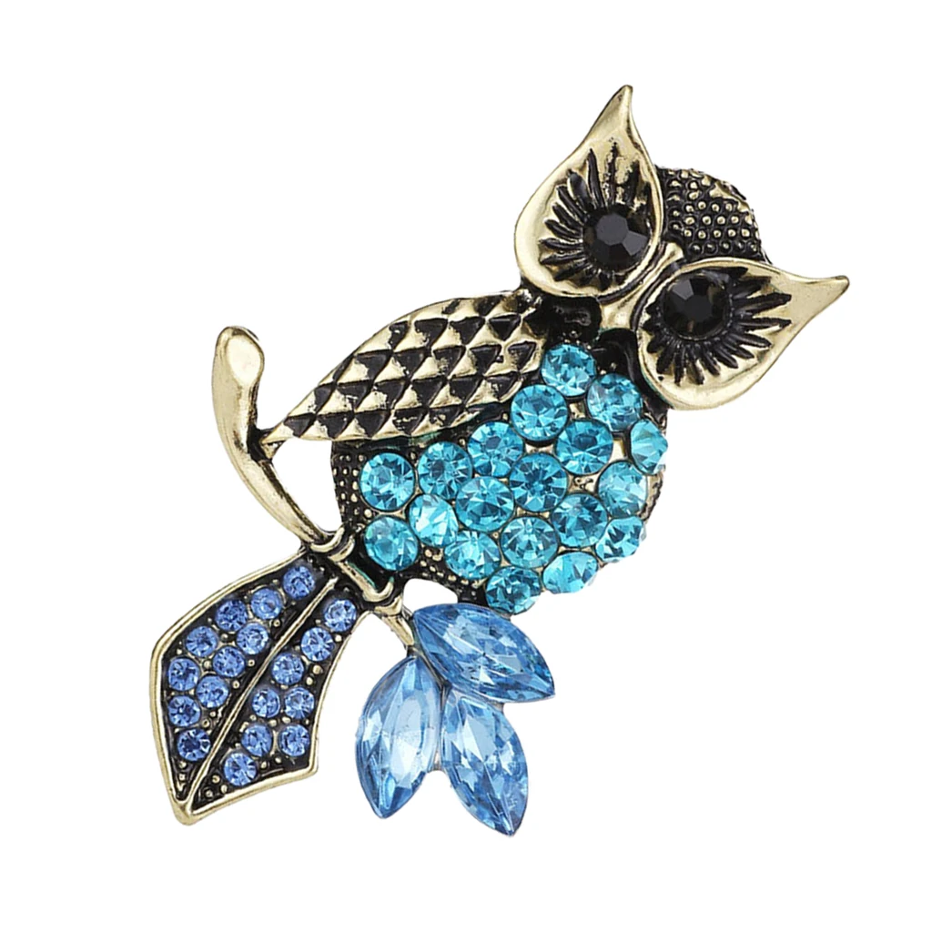 Blue Rhinestone Horned Owl Bird Brooch Pin Wedding Party Jewelry Brooch