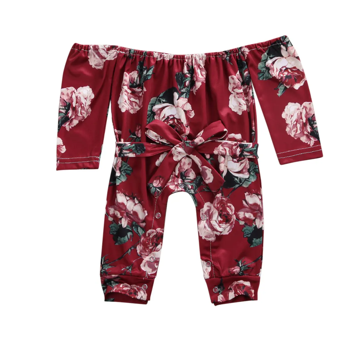 Одежда с цветочным рисунком для новорожденных девочек комбинезон с цветочным принтом, комбинезон с открытыми плечами и шнуровкой, комбинезон с длинными рукавами, милая одежда для детей возрастом от 0 до 18 месяцев - Цвет: Красный