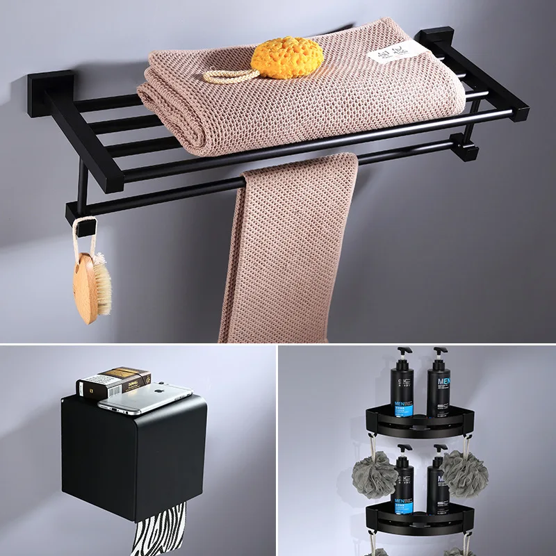 Аксессуары для ванной комнаты, держатель для полотенец, держатель для полотенец, держатель для туалетной щетки, держатель для полотенец, черный набор аксессуаров для ванной комнаты из алюминия