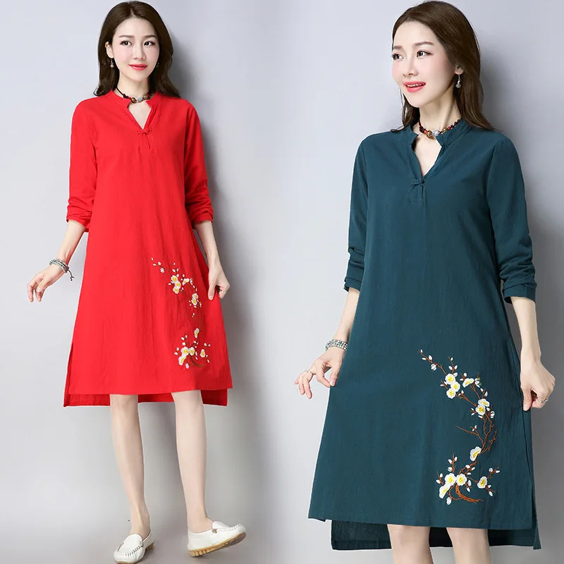 

Long-sleeved Dress Literature And Art Retro Large Size Women's V-neck Plum Embroidered Cotton Linen Medium-length Dress