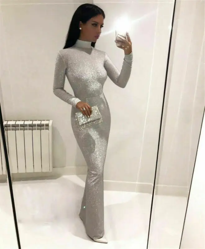 Модное женское платье с длинным рукавом для свадьбы, Формальное вечернее платье, длинное платье макси, бальное платье с блестками, обтягивающее облегающее платье с высоким воротом