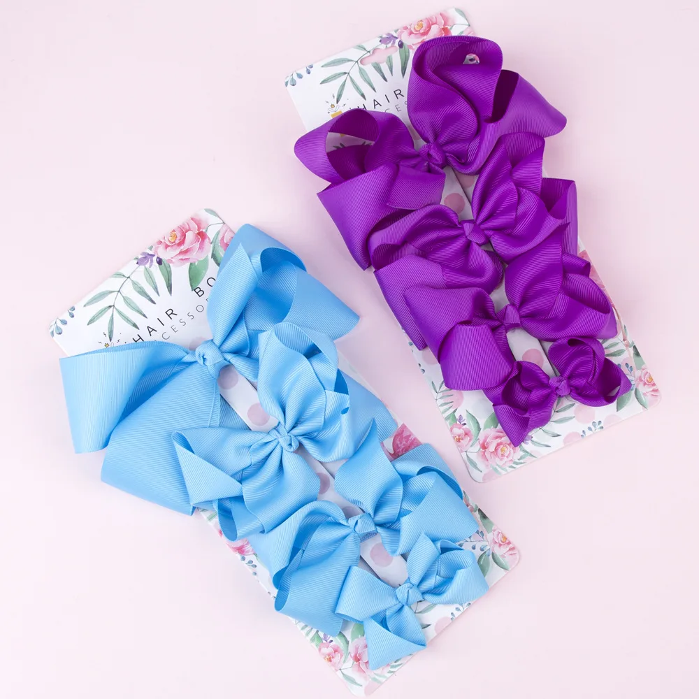 

4PCS/set Solid grosgrain hair bowknot duckbill clip ribbon bow side clips different sizes bows card set packing wholesale