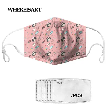 

WHEREISART Mouth Mask with 7pcs Filter Cute Printed Unisex Face Mask Dustproof Reusable Comfort Mouth-muffle
