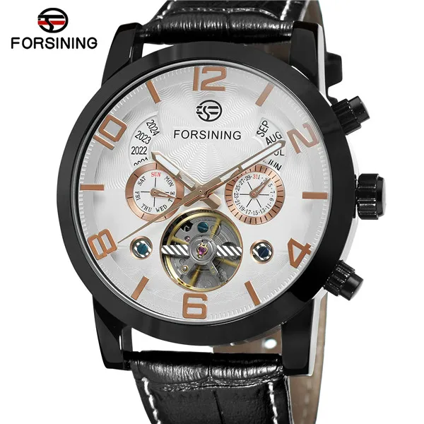 Forsining натуральная кожа год месяц Мода дисплей Tourbillon механические часы лучший бренд класса люкс военные Автоматические наручные часы - Цвет: 4
