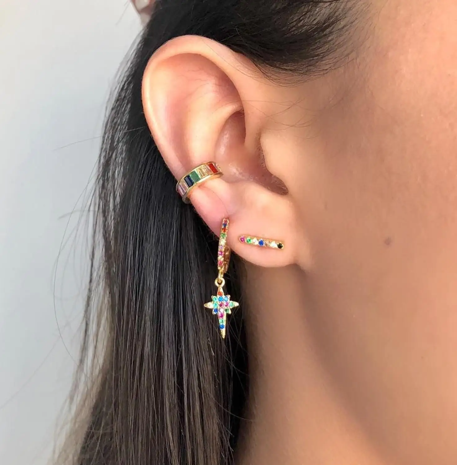 Золотой крест круглые звезды серьги шпилька минимализм тротуарная разноцветная Радуга cz кубический цирконий красивый классический ювелирный ers-q29