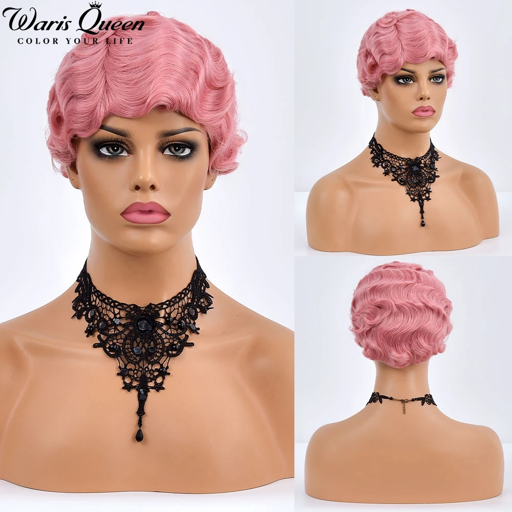 

Pink Short Bob Finger Wave Wig Vintage Synthetic Wigs for Black Women 6Inch Retro Curly Cosplay Halloween Party Hair Peruca