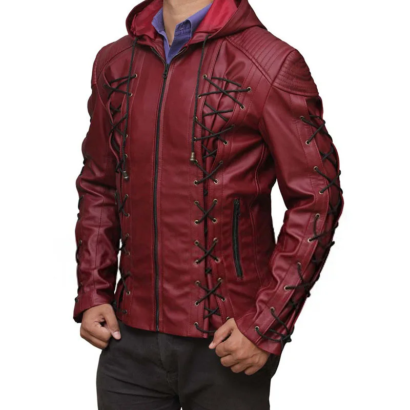 KIOVNO Men Leather Jackets And Coats With Drawstring Biker Faux Leather Hooded Jackets Coats For Male  (5)