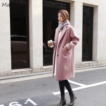 

Wool Women Pink Elegant Solid Long Turn-down Collar Single Breasted Simple Womens Outwear Slim Casual Females Chic Korean Style