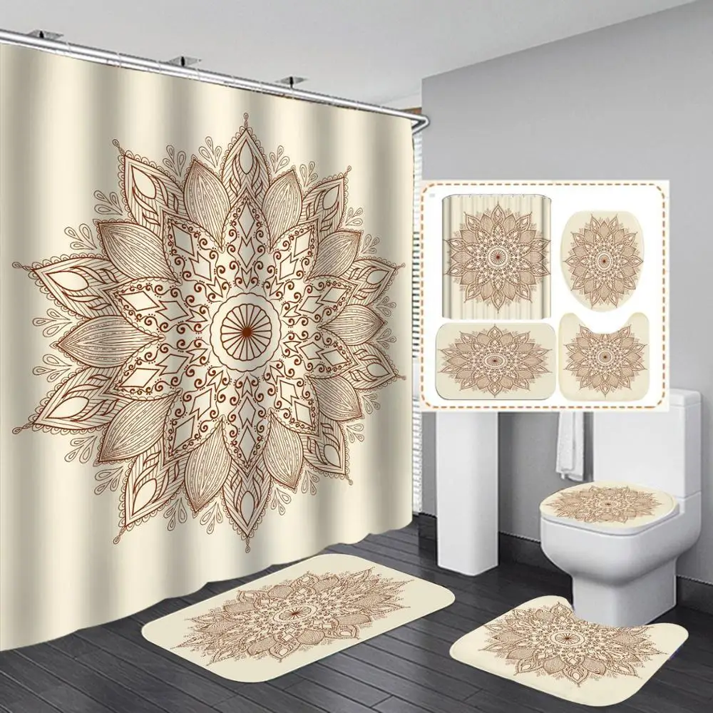 

Waterproof Cloth Fabric Floral Print Bathroom Shower Curtain 4 Piece Set Carpet Cover Bath Mat Pad Toilet Cover For Home Decor
