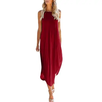 

Plus Size Casual Summer Women Solid Color Loose Round Neck Sleeveless Dress