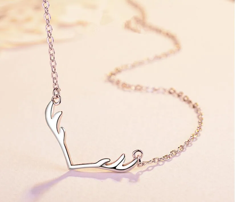 Exquisite Simple Antlers Deer Pendant Necklaces For Women Trend Short Clavicle Chain 925 Sterling Silver Jewelry SAN193