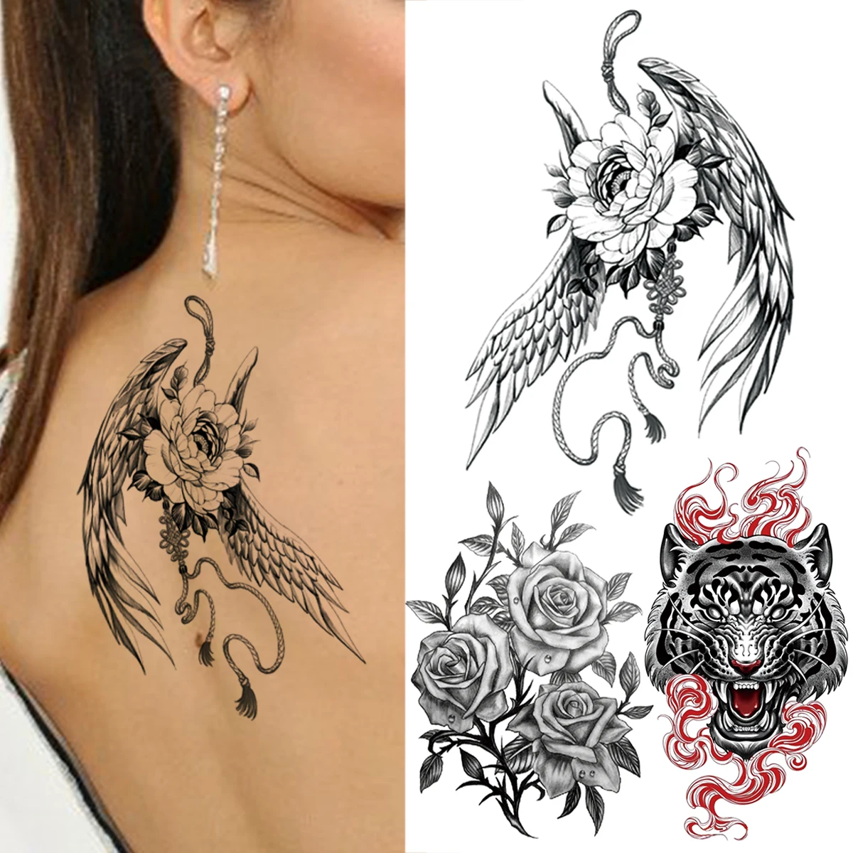 

Realistic Peony Flower Feather Wing Temporary Tattoos For Women Men Rose Tiger Fake Tattoo Sticker Black Washable Body Art Tatoo