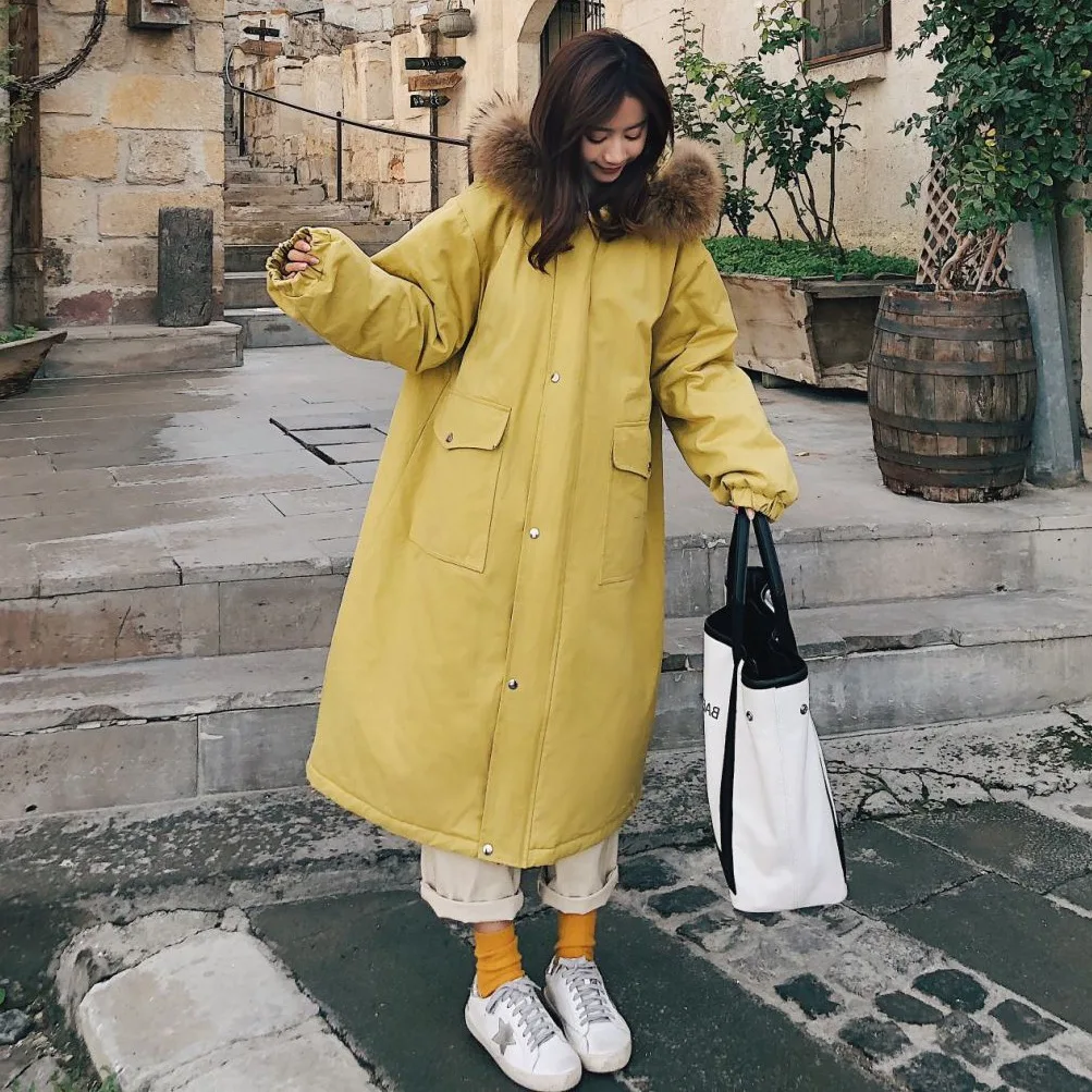 

Photo Shoot INS Beige Single Breasted Workwear Cotton Coat over-the-Knee Long Loose-Fit Hooded Model Large Fur Collar Cotton-pad