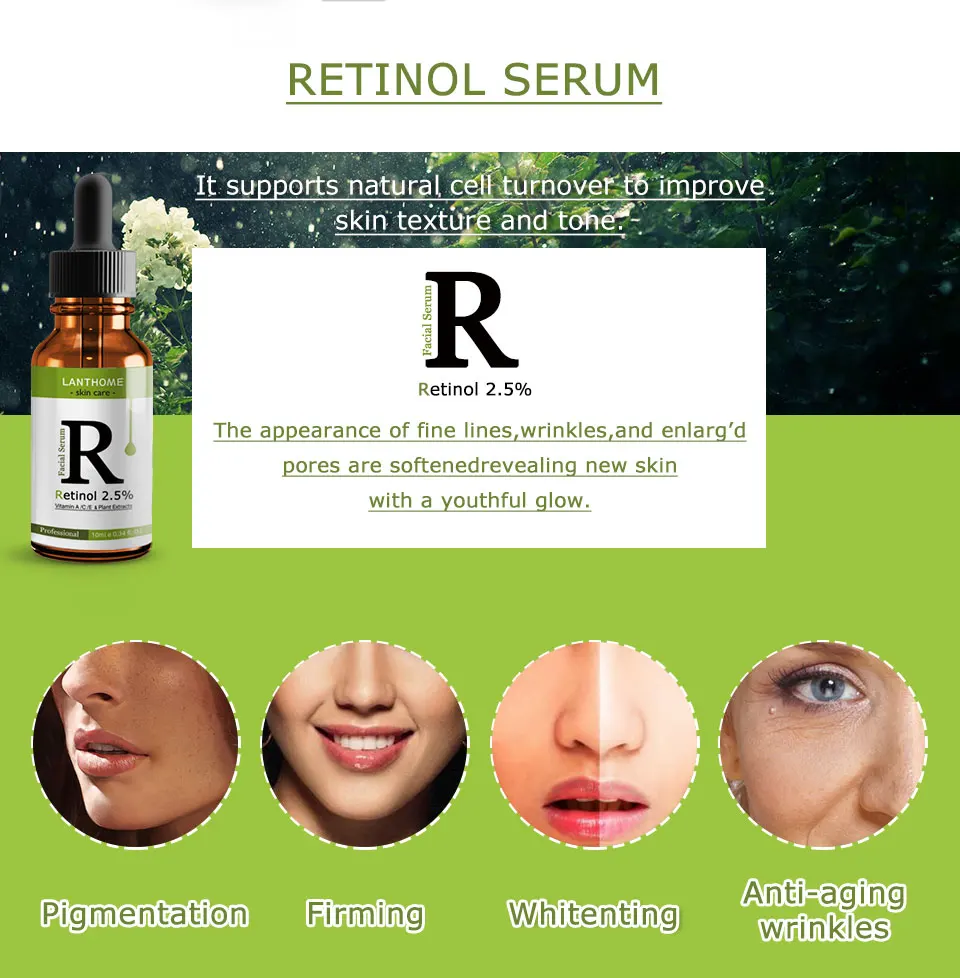 Retinol 2.5% Moisturizer Face Serum AntiAging Remove Wrinkle Hyaluronic Acid Vitamin E Collagen Smooth Facial Whitening Serum