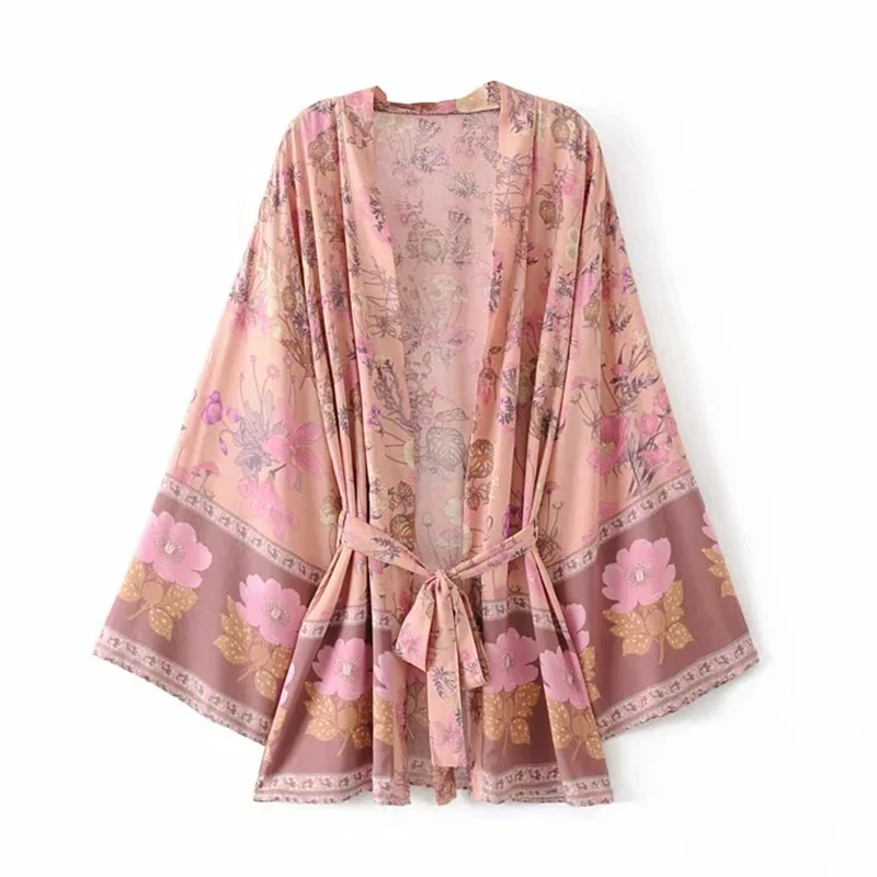 Богемный Вдохновленный пустынный цветочный кимоно для женщин 3/4 рукав пояс привязанный Бохо кимоно открытый передний пляж Топ Цыганская летняя блузка Топ - Цвет: Розовый