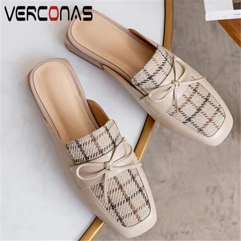 

VERCONAS Woman Sandals Mules Woman Pumps Genuine Leather New Arrival Summer Butterfly-Knot Square Toe Square Heels Shoes Woman