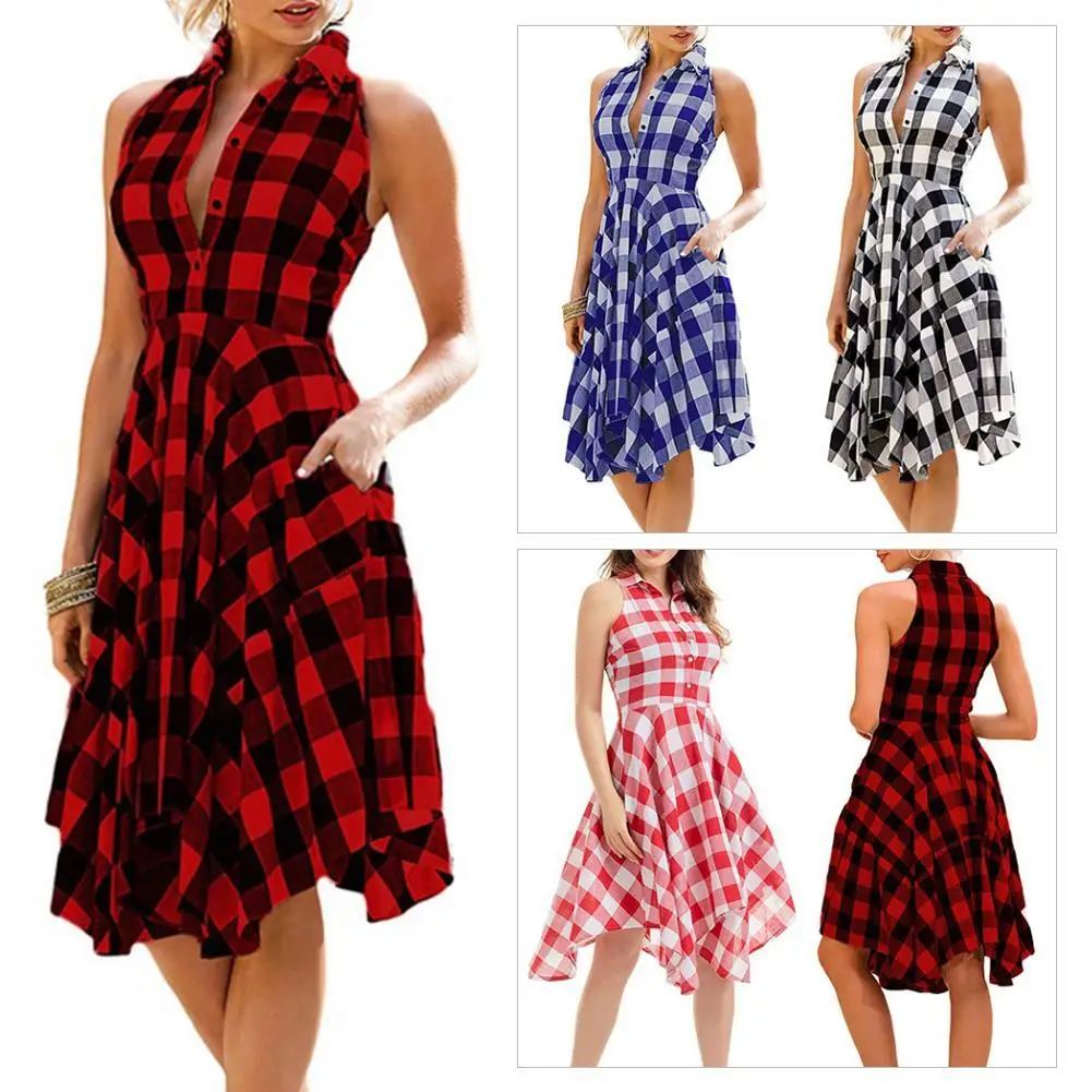 

Plaid Print Summer Women Dress Irregular Hem Button Down Midi Dress Women Slim Sleeveless Turn Down Collar Dress Female Sundress