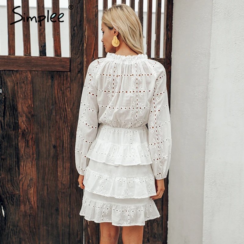 Летнее белое платье Simplee для женщин, элегантное платье с дырочками с оборками и вышивкой, повседневная уличная одежда, платье-бодикон