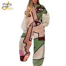 Chándal de dos piezas para mujer, Conjunto de sudadera con capucha y Pantalones estampados, ropa informal para invierno y primavera
