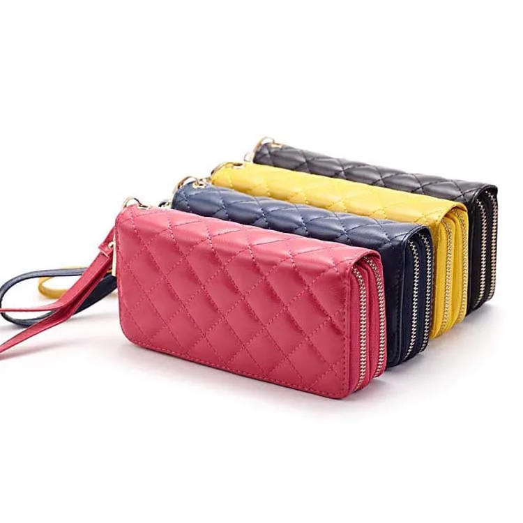 

Double Zipper Leather Wallet Women with Strap Long Purse Yellow wallet Pink Blue Black Double Zip Diamond Lattice