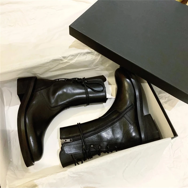 Bota Feminina/черные кожаные зимние полусапожки; Botas Mujer; военные полусапожки; женские ботинки на не сужающемся книзу массивном каблуке; zapatos De Mujer