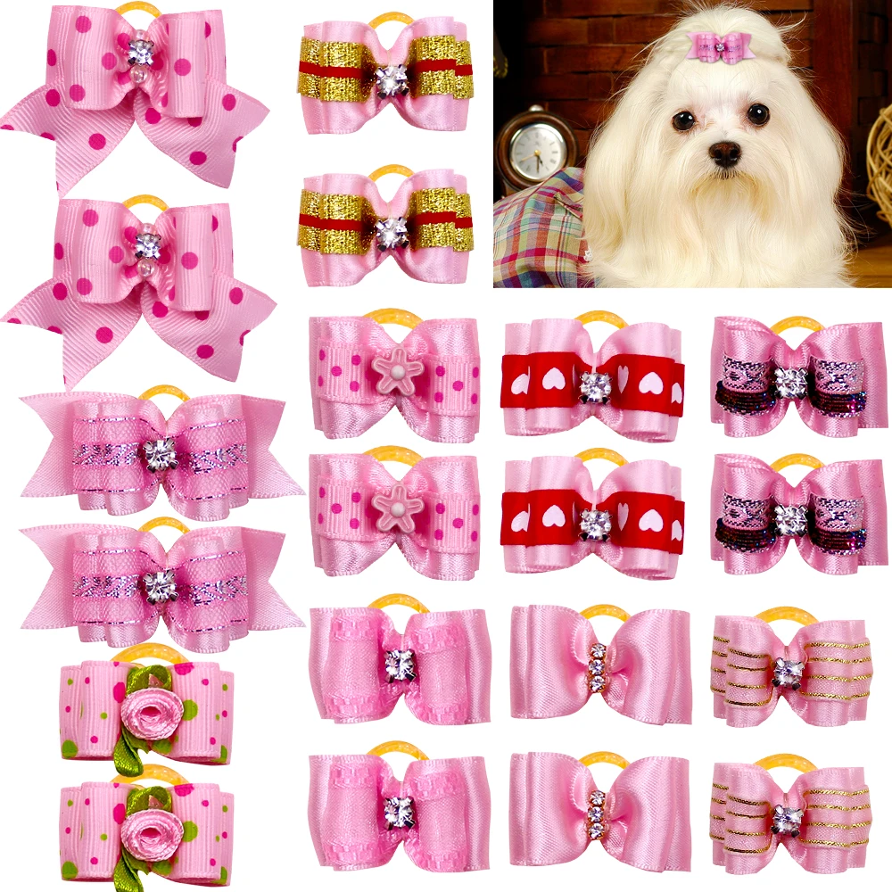 10pcs/lot Hand-made Small Hair Bows For Dog Rubber Band Cat Hair Clips Boutique Valentine's day Pet Dog Grooming Accessories 5