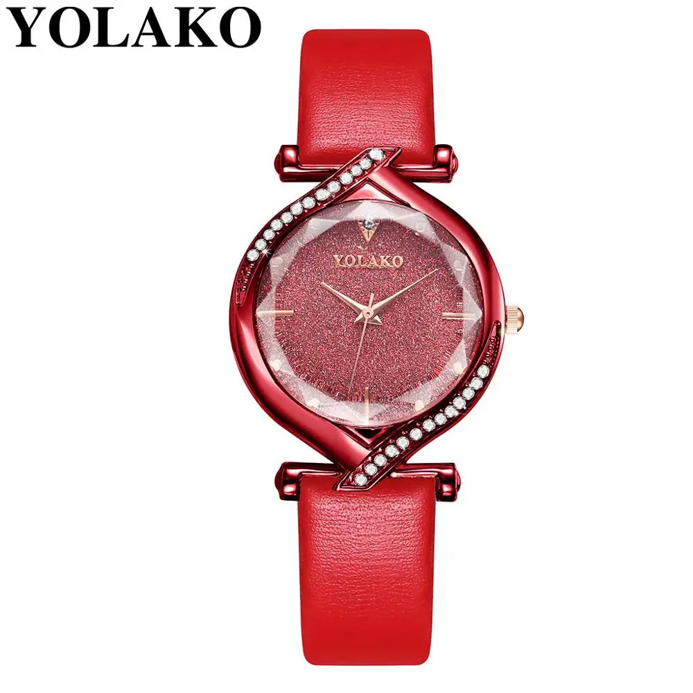 YOLAKO, женские часы из нержавеющей стали с кожаным ремешком, движущиеся бриллиантовые часы, роскошные женские кварцевые стразы, часы для женщин