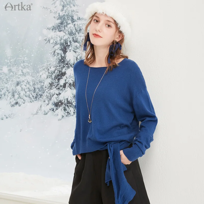 

ARTKA 2021 Winter New Women Sweater Elegant Soft Wool Rabbit Fur Knitting Sweaters Loose Lace-up O-Neck Knitwear Female SA10173Q