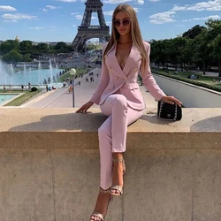 Traje de oficina para mujer, pantalón rojo y rosa, clásico de negocios con botones de doble botonadura, conjunto de pantalones de nueve Blazer de dos piezas Formal, novedad de 2021