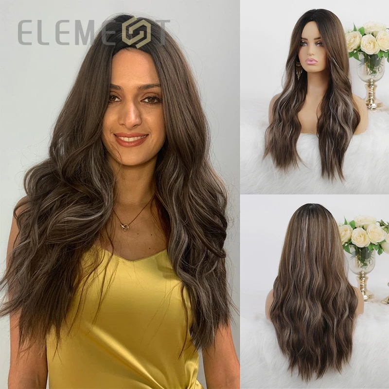 

Element Synthetic Long Natural Wave Hair Ombre Brown Mix Grey Color Middle Part Wigs for Women Cosplay Party or Daily Wear Wigs