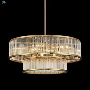 

E14 Led Pendant Lights 2 Layers Luxury Lamp Fixtures Led Pendant Lamp Indoor Lighting Lamparas Rod Hanging Lamp Plate Gold Metal