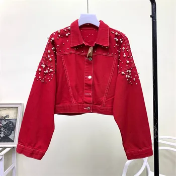 

2020 Spring Autumn Beading Short Denim Jacket Women Basic Coat Korean Fashion Slim White Red Jeans Jacket Outerwear Streetwear