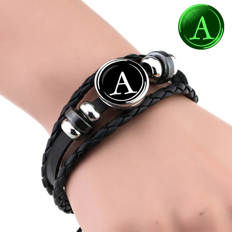 Luminous Leather Bracelet 26 Letters Name Rope For Men Women
