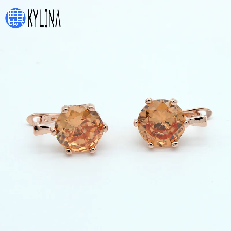 

KYLINA 2019 New Fashion Simple Round Cubic Zircon Earrings 585 Rose Gold Anti-allergy Eardrop For Lady Girls Daily Accessories
