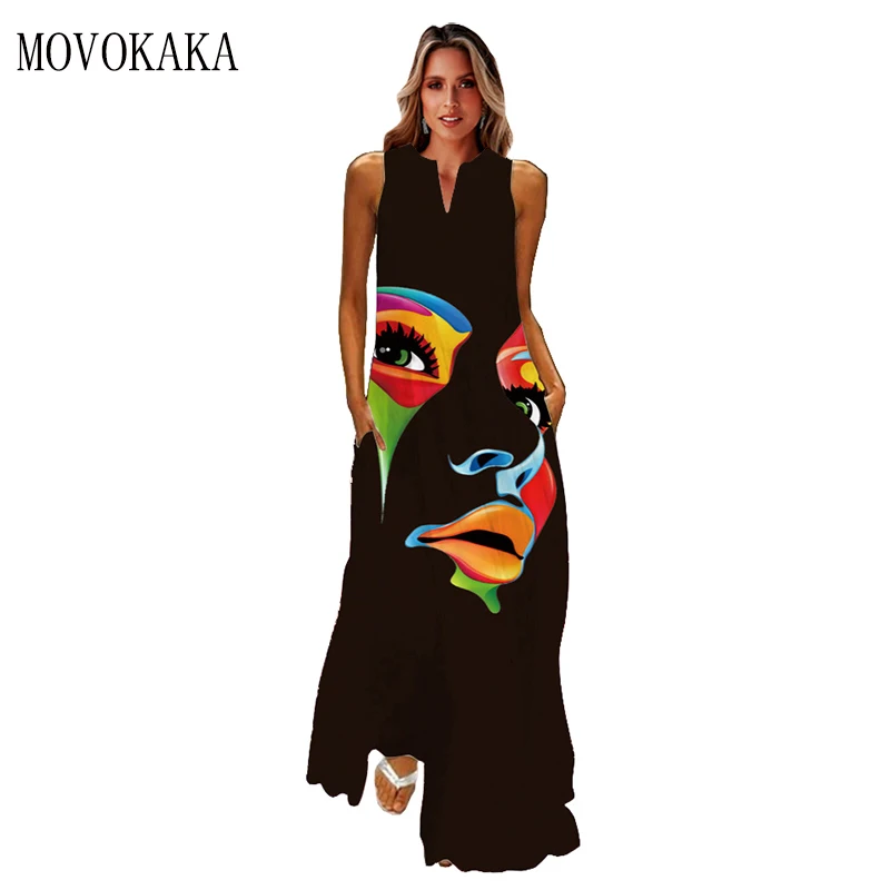 MOVOKAKA Human Face Printed Black Dress 2022 Elegant Casual Vintage Dresses Woman Summer Beach Sleeveless Girls Long Dress Women monsoon dresses