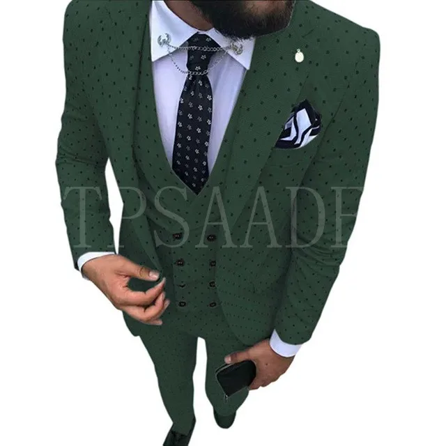 Hunt green Tpsaade мужские костюмы с волнистыми точками из трех частей мужские вечерние костюмы повседневные офисные деловые костюмы для свадьбы(Блейзер+ жилет+ брюки - Цвет: Hunt green