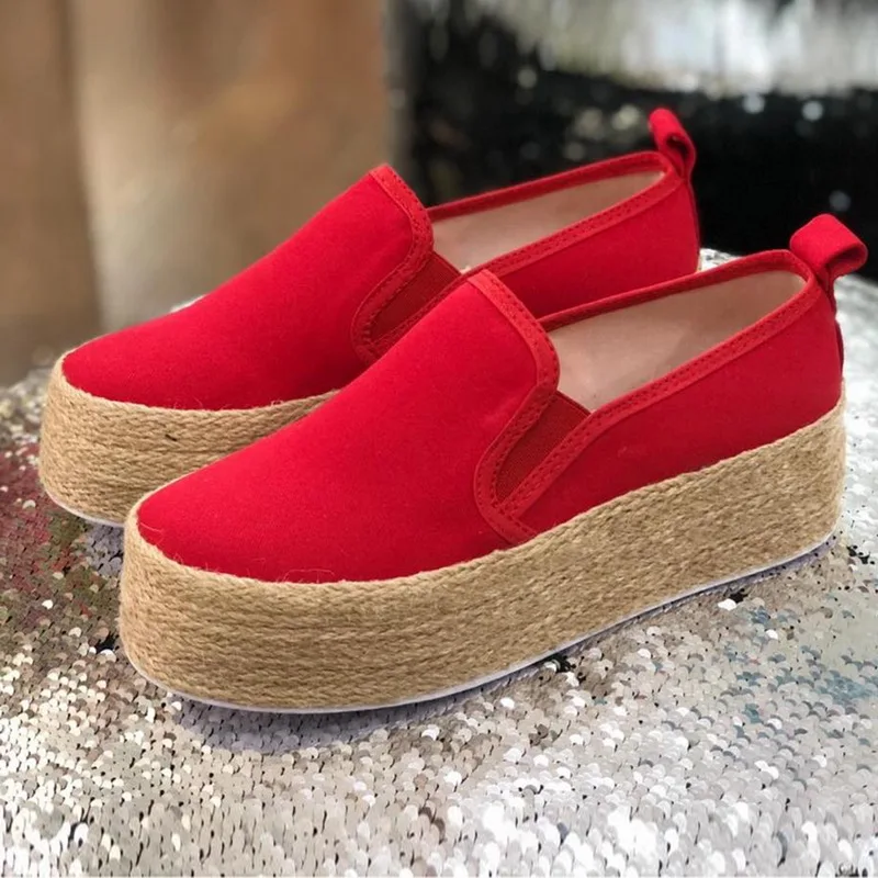 Laamei/ г.; Модные женские эспадрильи; парусиновая обувь на толстой плоской подошве; повседневная обувь на плоской подошве со шнуровкой и круглым носком для девочек - Цвет: red