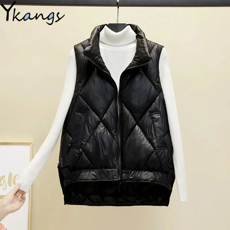 

Y2k Студенческая Повседневная однотонная женская парка без рукавов с мешковатым отворотом Корейская хлопковая жилетка пальто Корейская теплая Свободная безрукавка на молнии Женская куртка