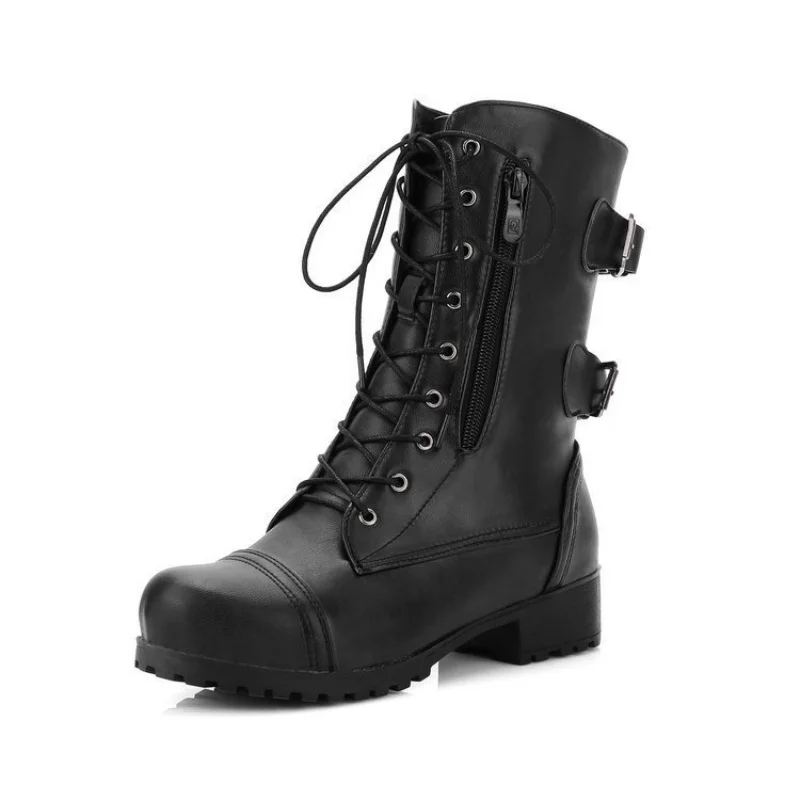 

freeshipping2019 Spring autumn Low heel women shoes Round head large size pure color tie Buckle Fashion Trend Martin Boots