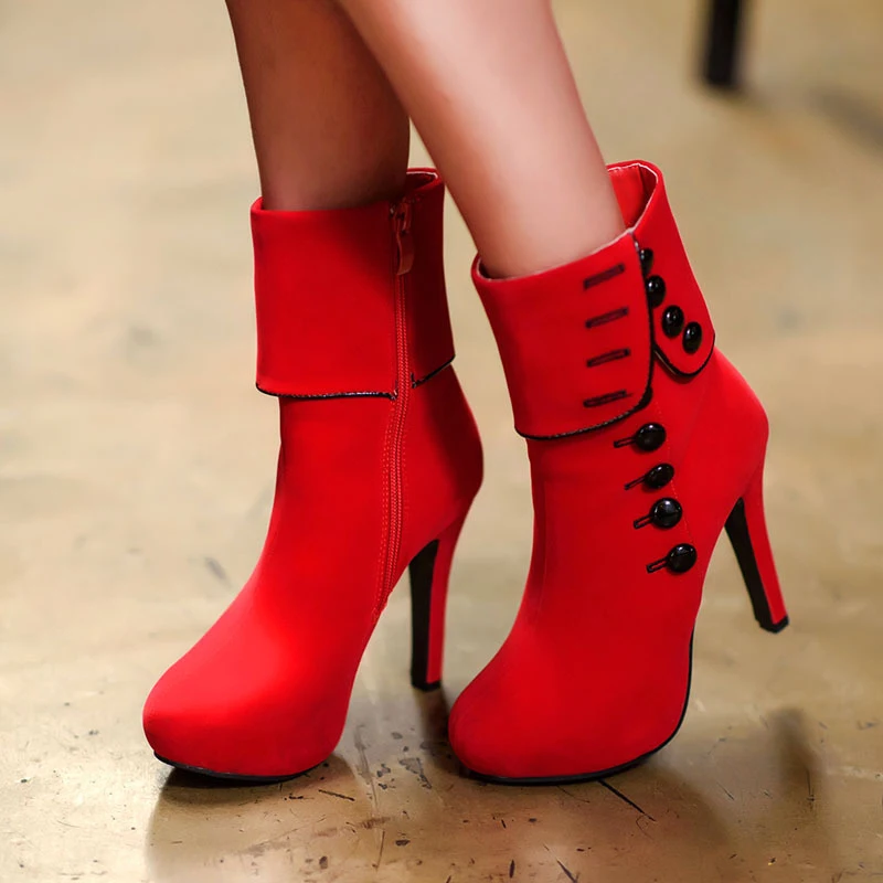 Женские ботинки до середины икры; женская пикантная обувь из мягкой замши на высоком тонком каблуке с застежкой-молнией и пуговицами размера плюс; Новая мода