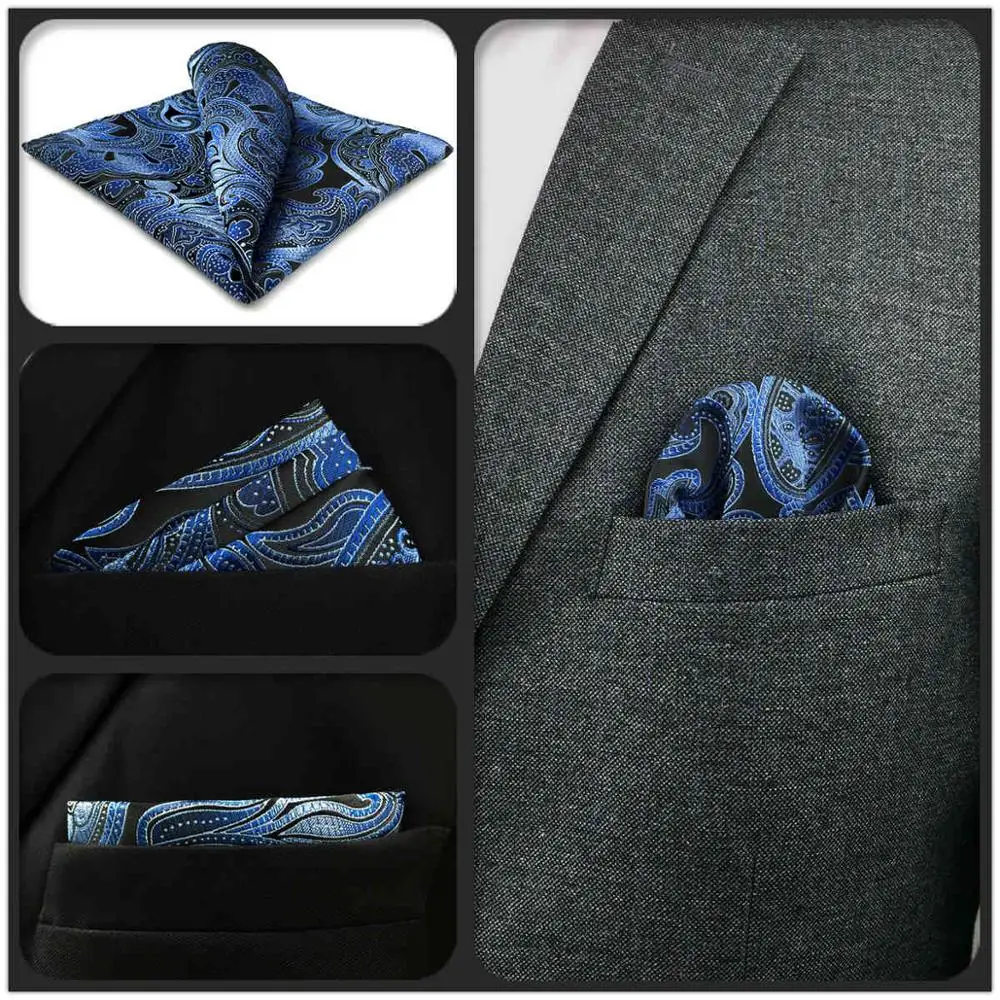 

CH23 Blue Black Paisley Silk Mens Pocket Square Fashion Classic Hanky Dress Acceossories Handkerchief