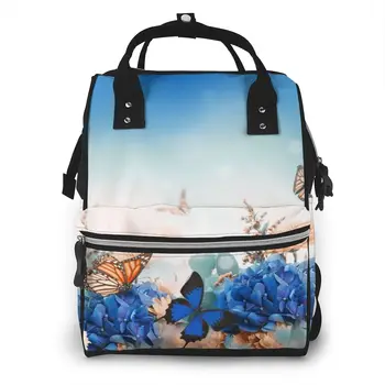 

Mummy Bag Blue Hydrangeas Daisies Butterflies Nappy Backpack Stroller Bag Mom Baby Multi-function Waterproof Outdoor Diaper Bags